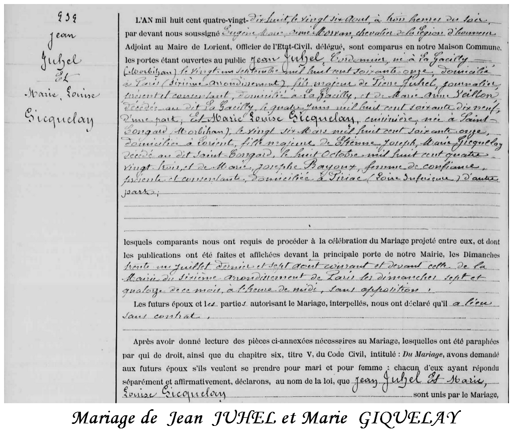 Mariage de Jean JUHEL et Marie Louise GIQUELAY