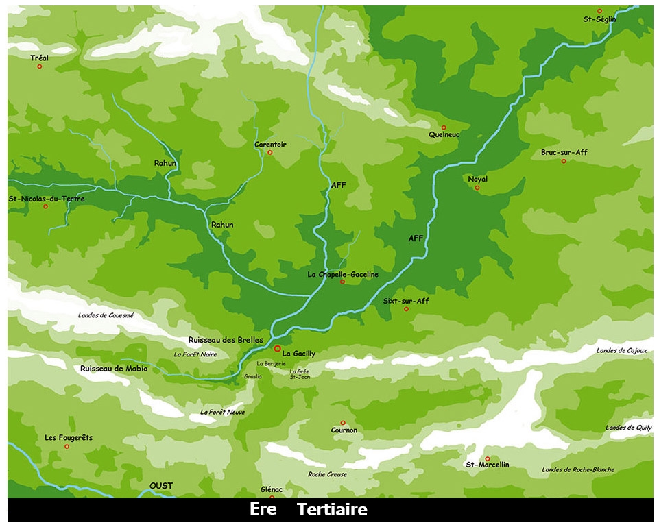 ERE TERTIAIRE La dislocation qui, à l’époque tertiaire, souleva la Bretagne du côté Est pour l’abaisser du côté Ouest, changea complètement l’hydrographie du pays. L’Oust, partie de l’extrémité du Morbihan, et qui coulait vers La Gacilly fut arrêtée à hauteur de Malestroit et contrainte de se frayer un nouveau lit vers le Sud à travers les couches de terrain les moins durs et en suivant les failles produites dans les sols anciens. C’est ainsi qu’elle se dirigea vers Saint-Congard et Saint-Martin-sur-Oust.