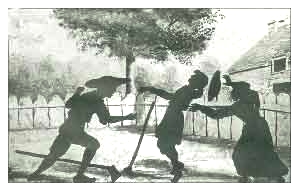 JUGON travaillait dans le "courtil", avec son oncle, il re&ccedil;ut accidentellement un coup de b&ecirc;che au front, qui le blessa mortellement