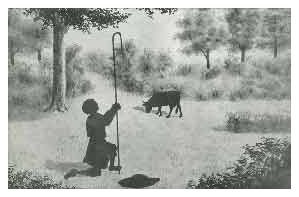 il demanda au Seigneur de la ressusciter en s'&eacute;criant :"Vache par la gr&acirc;ce de Dieu, l&egrave;ve-toi !"" La vache reprit vie aussit&ocirc;t et se mit &agrave; pa&icirc;tre paisiblement